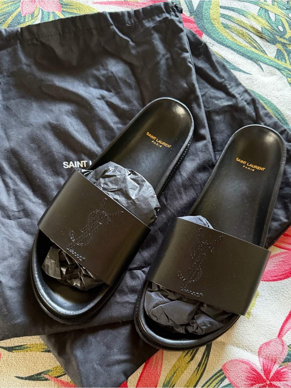 Saint Laurent Black Leather YSL Embossed Slide Sandals, new without box.